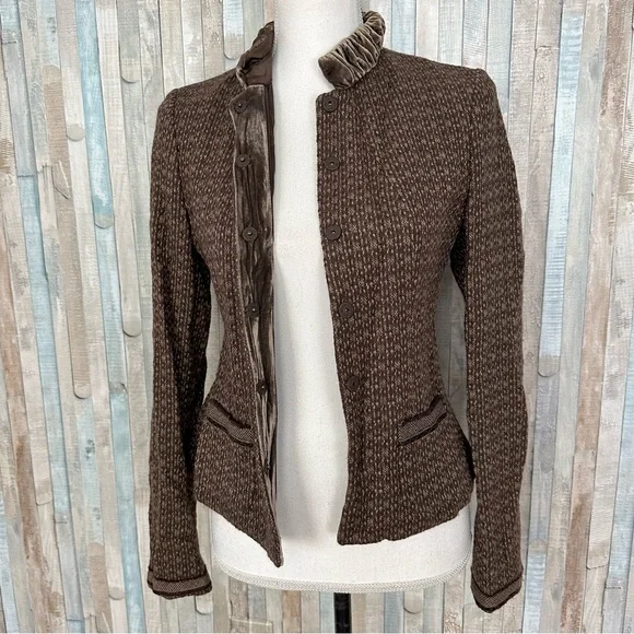 Tahari XS Brown Tweed Wool Velvet Collar Snap Blazer Jacket Vintage Victorian - Picture 5 of 8